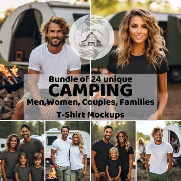 Mockup di t-shirt da campeggio, modelli di t-shirt per uomo e donna per coppie, famiglie, modelli di t-shirt Bella Canvas 3001, colore nero, bianco e grigio