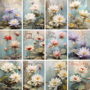 Set van 12 Zen Lotus verjaardagskaart - Serene schoonheid, symbolische bloem, spirituele reis, zachte pasteltinten, zuiverheid, verlichting, rust