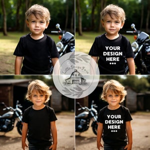 May include: A collage of four images featuring a young boy wearing a black t-shirt with the text "YOUR DESIGN HERE***" on the front. The boy is standing in front of a motorcycle in a grassy field.