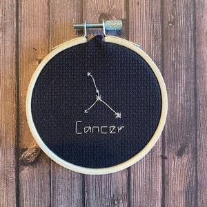 Cancer Zodiac constellation embroidery hoop.  astrology gift for her.  star sign cross stitch.