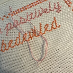 May include: Close-up of a cross-stitch project with the phrase "positively bewildered" stitched in pink and orange thread on white Aida cloth.