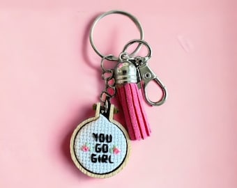 You go girl Cross stitch keychain. Funny cross stitch gift. you go girl bag charm. you go girl planner charm. Gift for feminist. girl gift
