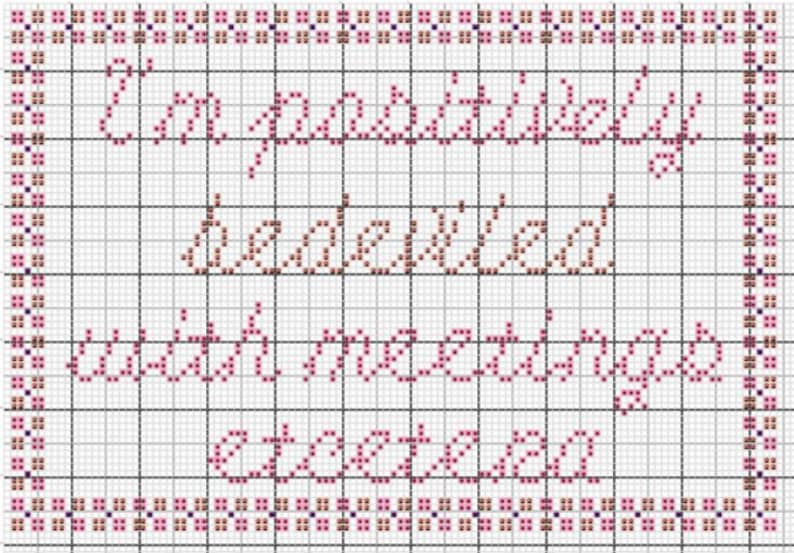 May include: Cross-stitch pattern with a pink and brown border. The pattern reads "I'm positively bewildered with the changes I've experienced."