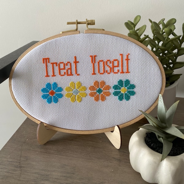 Treat yoself cross stitch hoop. Floral cross stitch home decor. Funny home decor.