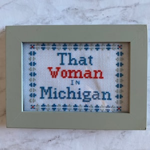May include: A framed cross-stitch with the text "That Woman in Michigan". The text is in blue and red thread on a white background. The frame is light gray.
