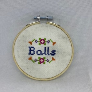 Counted cross stitch pattern balls.  cheeky cross stitch. funny cross stitch. beginner cross stitch pattern. beginner embroidery. hoop art