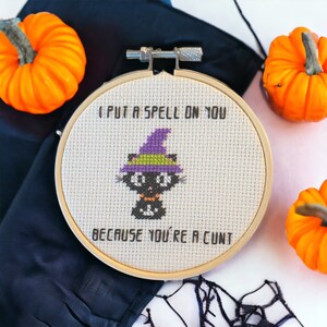 Cross stitch I put a spell on you. Black cat witch. Halloween decor. Funny gift for witch. Funny Halloween embroidery. Rude cross stitch