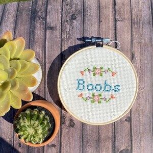 May include: A white embroidery hoop with a blue and green floral design and the word "Boobs" stitched in blue thread.