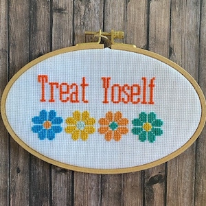 Cross stitch pattern Treat Yoself. Parks and Rec quote. gift for parks and rec fan. treat yourself DIY cross stitch pattern pdf download
