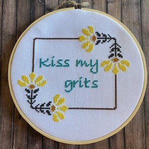 Cross stitch pattern kiss my grits. instant digital download. funny cross stitch pattern. DIY cross stitch. Beginner embroidery craft.