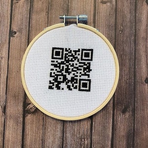 Rick roll QR code cross stitch hoop. gag gift. rick astley. never gonna give you up. funny cross stitch hoop. white elephant gift.