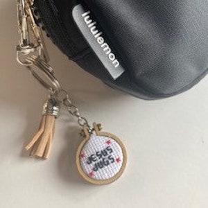 Bachelorette party favor. Jesus Jugs cross stitch key chain, bag charm or planner charm.  Tamra Judge quote. Real housewives of OC.