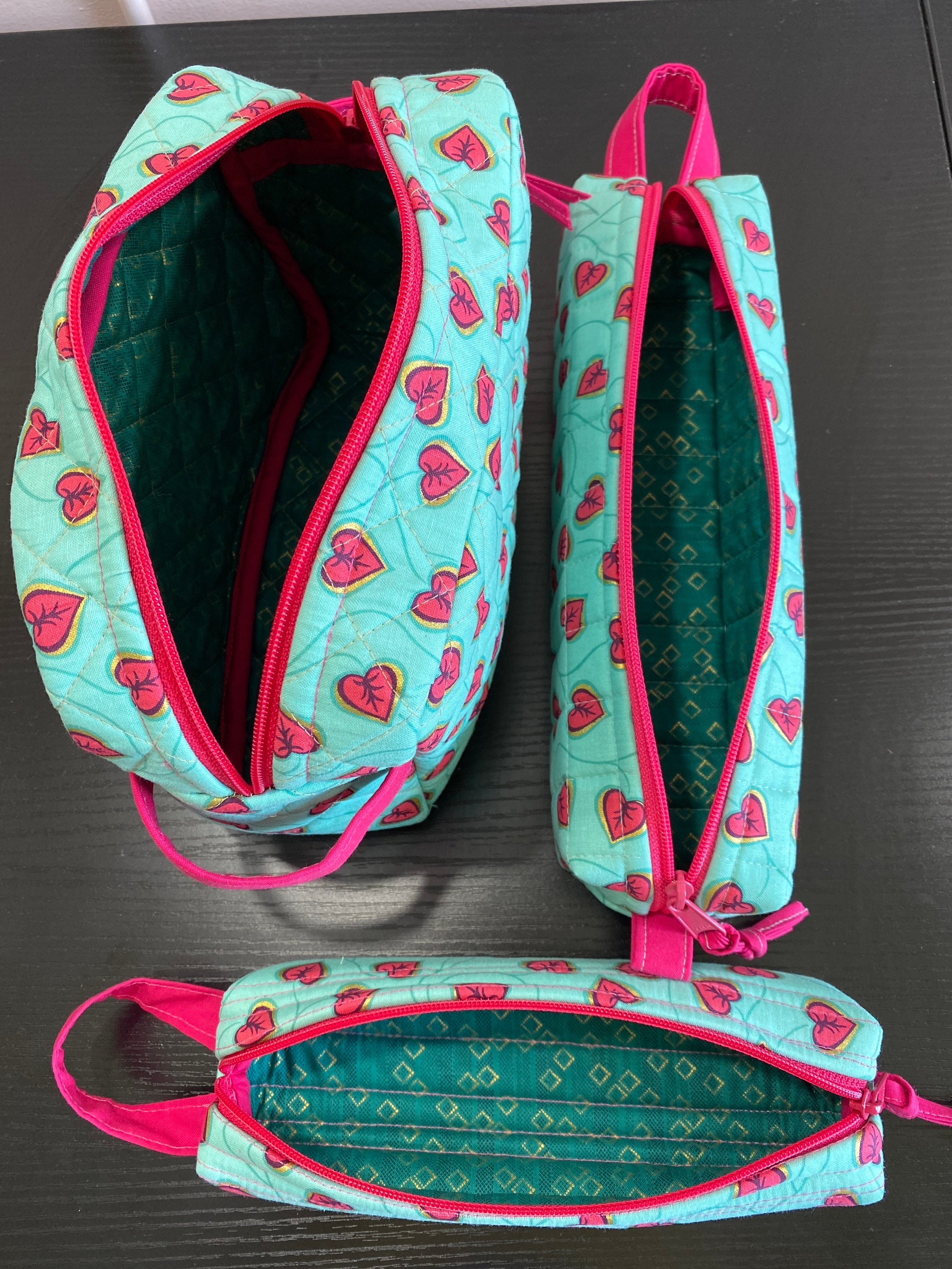 Set of 3 Quilted Toiletry Bags pink hearts mint green Etsy