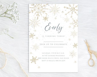 Invitación para fiesta de cumpleaños con temática de copos de nieve invernales, descarga instantánea y editable.