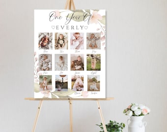 1er cumpleaños Photo Collage Print Digital Download, Baby First Year Photo Poster Board Greenery, First Year Milestone Photo Minimalist