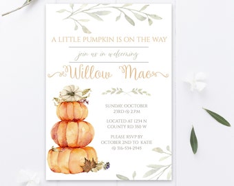 Otoño bebé ducha instantánea descargar invitación editable, un poco de calabaza está en camino
