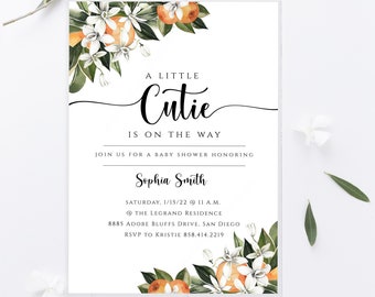 A Little Cutie Is On The Way Instant Download Editable Invitation, Greenery, Cutie, Orange, Baby Shower Invitation