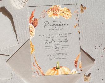 Fall Baby Shower Descarga instantánea Invitación editable, una pequeña calabaza está en camino