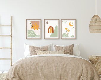 Boho Wall Art Set of 3 Prints, Boho Wall Art, Abstract Gallery Wall Set, Printable Art Poster Bundle, Minimal Botanical Print, Boho Print