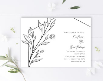 Tarjeta de cumpleaños floral minimalista, tarjeta de cumpleaños en blanco y negro, descarga digital minimalista, cumpleaños imprimible