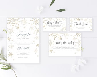 Snowflake Themed Baby Shower Descargar paquete de invitación editable, Un pequeño copo de nieve está en camino, Sorteo de pañales, Libros para bebés, Gracias