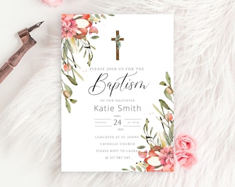 Invitación de bautizo editable de descarga instantánea, diseño minimalista con motivos vegetales, invitación imprimible para bautizo