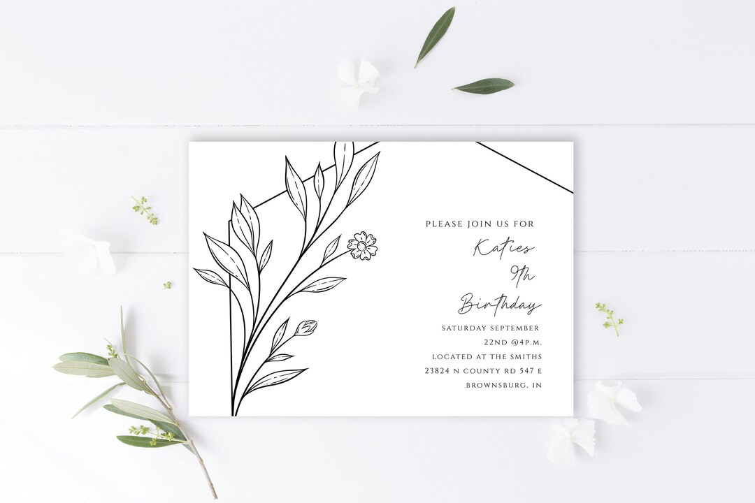 Minimalist Floral Birthday Card Black and White Birthday Etsy