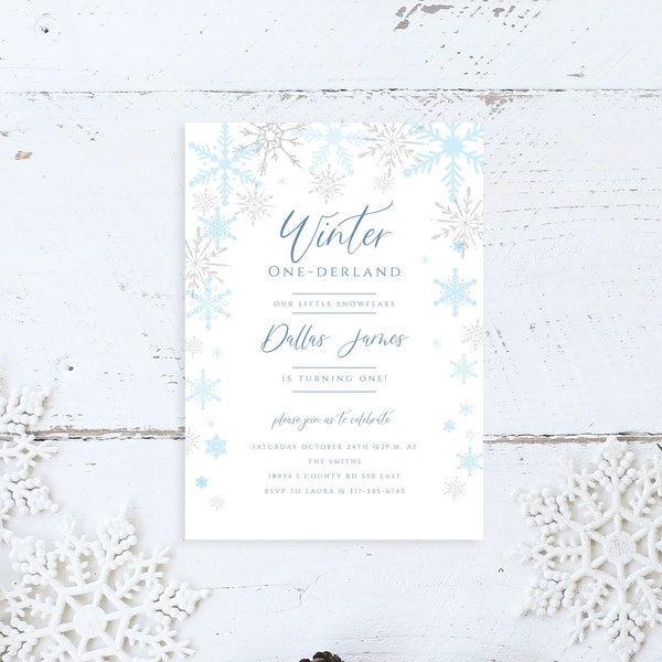 Winter/Christmas First Birthday Party Instant Download Editable Invitation, Snowflakes, Winter One-Derland