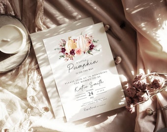 Fall Baby Shower Descarga instantánea Invitación editable, una pequeña calabaza está en camino