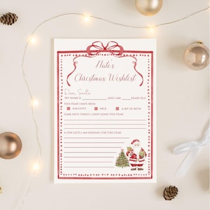 Lista de deseos navideña personalizada para niños en formato digital, lazos navideños rojos, lista de deseos de Papá Noel, carta a Papá Noel