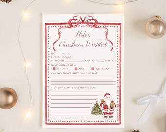 Lista de deseos navideña personalizada para niños (descarga digital), lazos rojos de Navidad, lista de deseos para Papá Noel, carta a Papá Noel