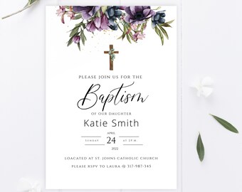 Invitación de bautizo editable de descarga instantánea, diseño minimalista con motivos vegetales, invitación imprimible para bautizo