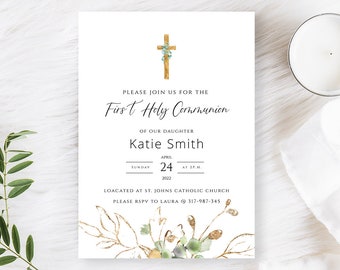 Invitación editable para Primera Comunión, descarga instantánea, diseño minimalista con motivos vegetales, invitación imprimible para Primera Comunión