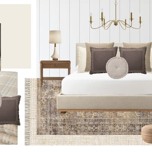 Tablero de estado de ánimo de dormitorio preempaquetado minimalista de granja, diseño de interiores virtual, estilo de dormitorio y paquete de colores de pintura