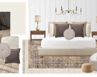 Tablero de estado de ánimo de dormitorio preempaquetado minimalista de granja, diseño de interiores virtual, estilo de dormitorio y paquete de colores de pintura