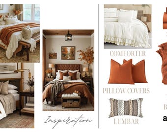 Tablero de ideas preempaquetado de ropa de cama de otoño de Amazon Farmhouse Cozy Cottage, diseño de interiores virtual, diseño de camas y paquete de ropa de cama con enlaces