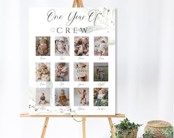 1er cumpleaños Photo Collage Print Digital Download, Baby First Year Photo Poster Board Greenery, First Year Milestone Photo Minimalist