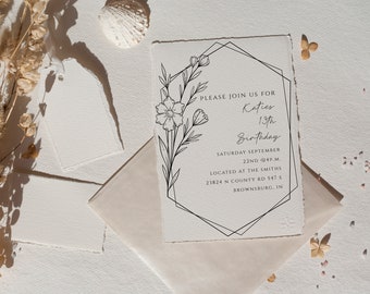 Tarjeta de cumpleaños floral minimalista, tarjeta de cumpleaños en blanco y negro, descarga digital minimalista, cumpleaños imprimible