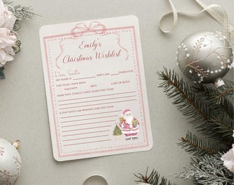 Lista de deseos navideña personalizada para niños en rosa (descarga digital), lazos navideños rosas, lista de deseos para Papá Noel, carta a Papá Noel