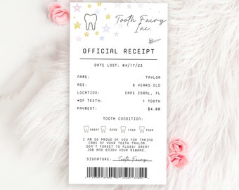 Descarga digital del recibo del hada de los dientes, carta editable del hada de los dientes, recibo del hada de los dientes, imprimible para niños