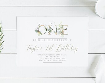 PRINTED Greenery First Birthday Party, Printed Invitations With Envelopes, 100lb White Cardstock