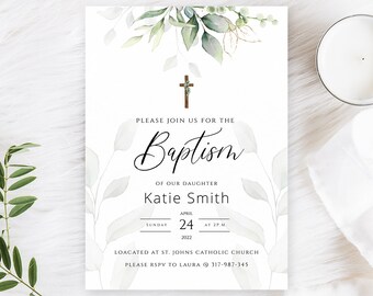 Invitación de bautizo editable de descarga instantánea, diseño minimalista con motivos vegetales, invitación imprimible para bautizo