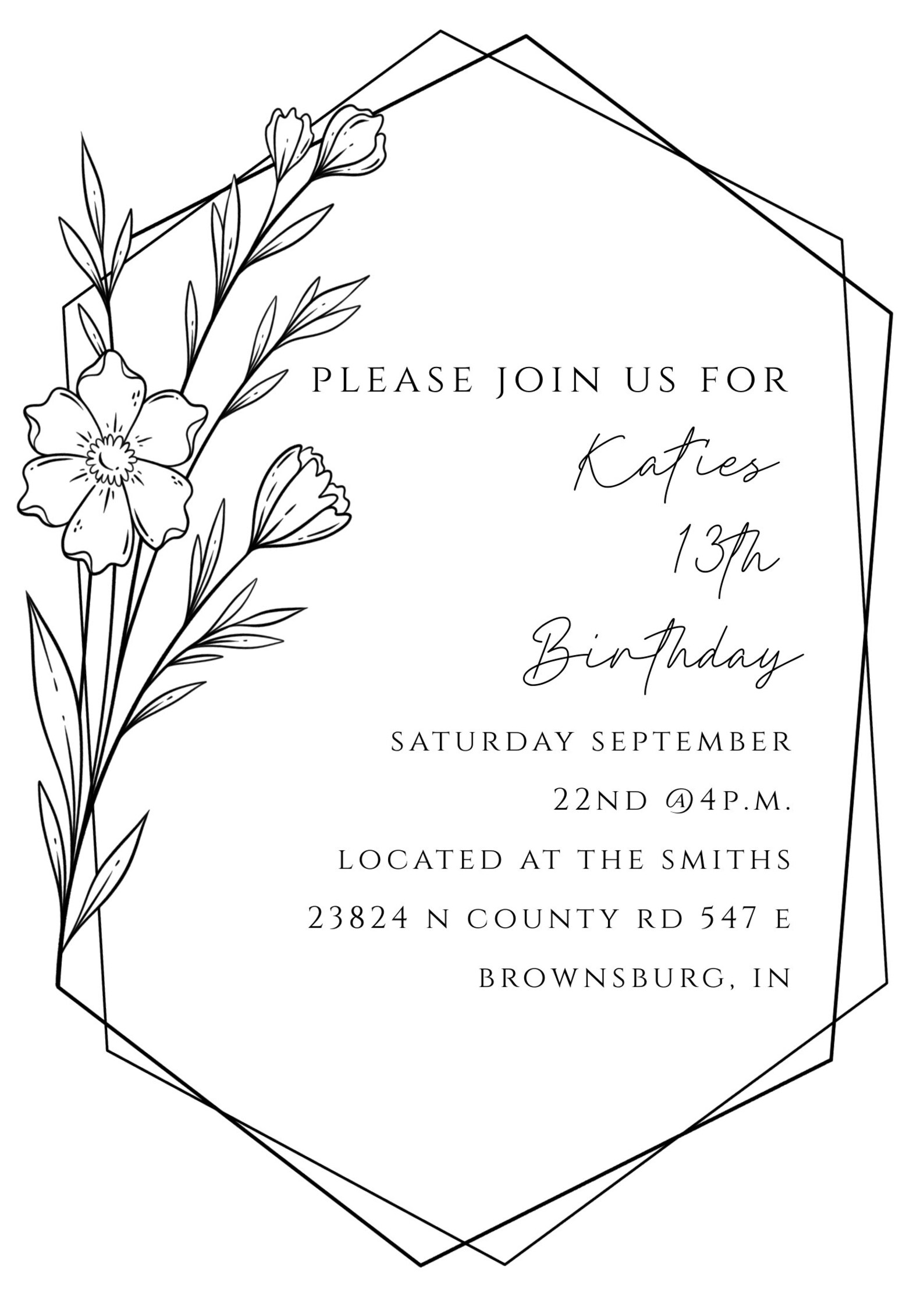 Minimalist Floral Birthday Card Black and White Birthday Etsy