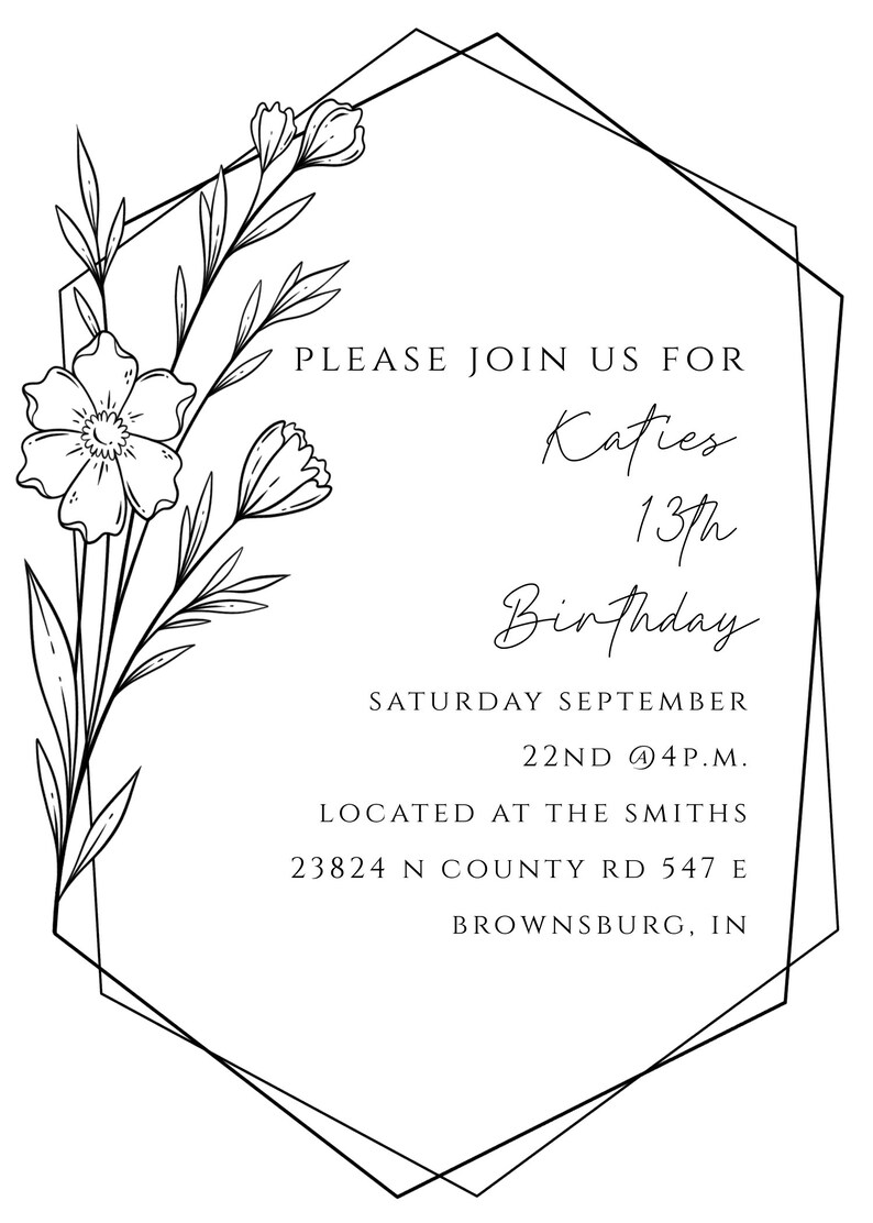 Minimalist Floral Birthday Card Black and White Birthday Etsy