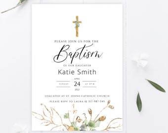 Invitación de bautizo editable de descarga instantánea, diseño minimalista con motivos vegetales, invitación imprimible para bautizo