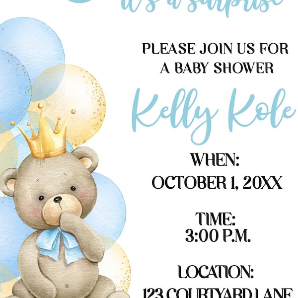 Surprise Baby Shower Invitation, Shhh....It's a Surprise Baby Shower, Boy Baby Shower, Teddy Bear Themed| Instant Download, Corjl