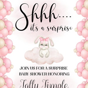 Surprise Baby Shower Invitation, Shhh....It's a Surprise Baby Shower, Girl Baby Shower, Bunny Rabbit/CloudThemed Instant Download, Corjl image 1