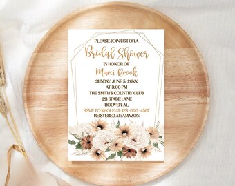 BOHO Floral Neutral Color Bridal Shower Invitation, Boho Bridal Shower Invitation, Bohemian Bridal Shower