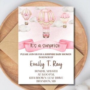 Surprise Baby shower, Hot Air Balloon Baby Shower invitation, Hot Air Balloon Baby Shower Invitation, Hot Air Balloon Girl Themed, Corjl