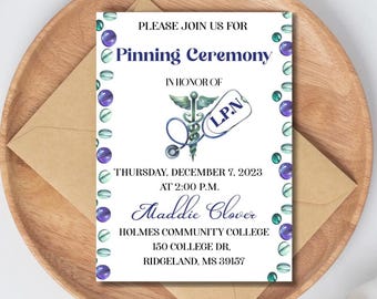 Nursing Graduation Invitation, Nursing Pinning Ceremony Invitation, LPN Invitation, RN Invitation, Licensed Vocational Nurse